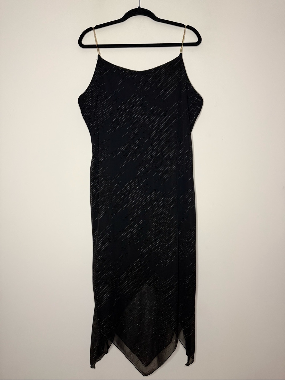 CHESLEY USA Black Whimsigoth Bedazzled Gold Chain Straps Napkin Hem Midi Dress